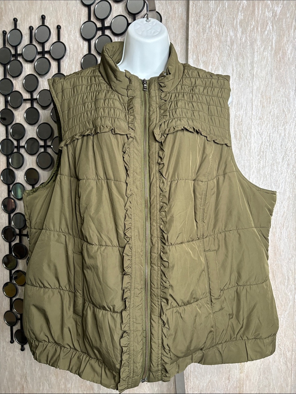CJ Banks Olive Ruffle-Trim Quilted Puffer Vest